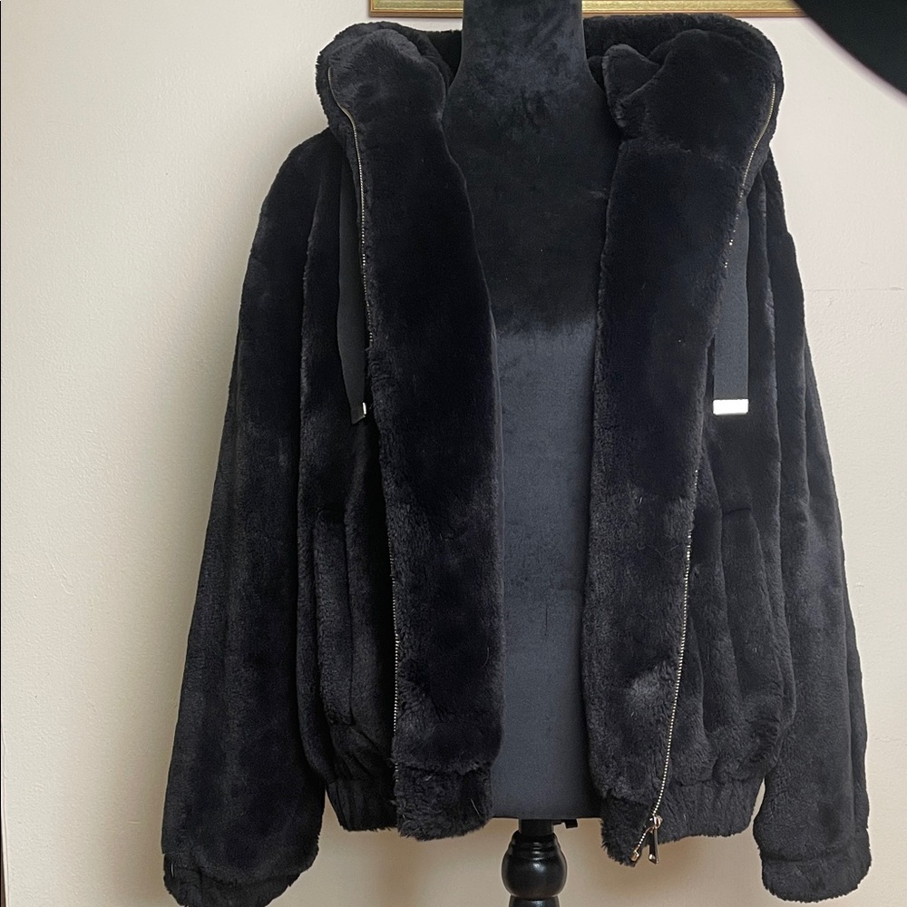 Zara plush zip up hooded faux fur jacket